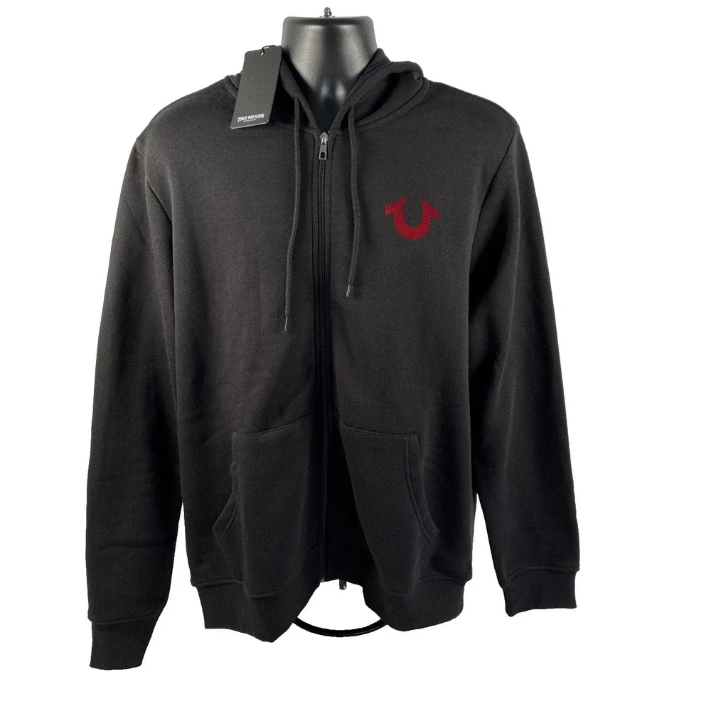 New Mens True Religion Solid World Tour Logo Zip Hoodie Size Large NWT Black